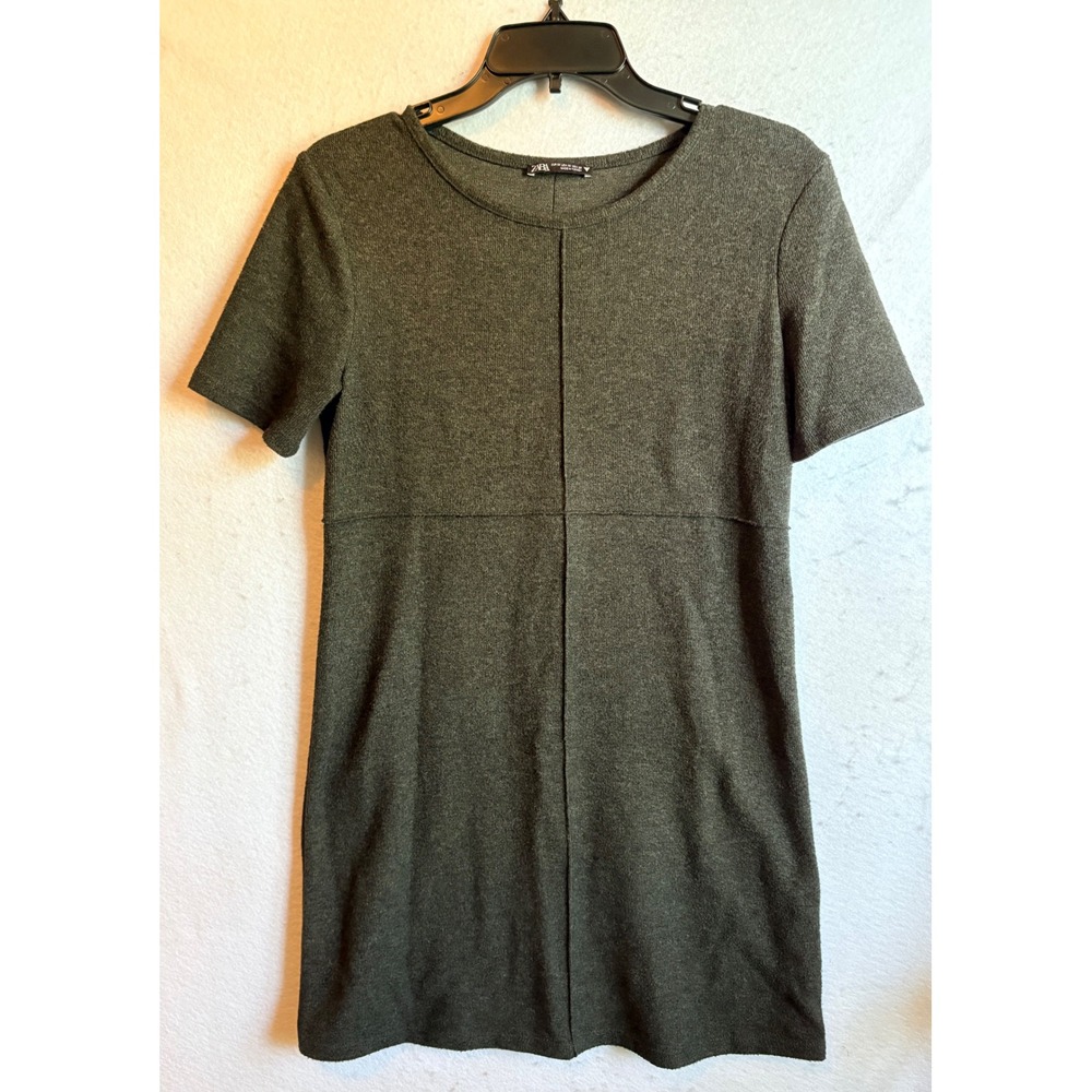 Zara Womens Dark Gray Short Sleeve Seam Detail Knit Mini Shift Dress Size M